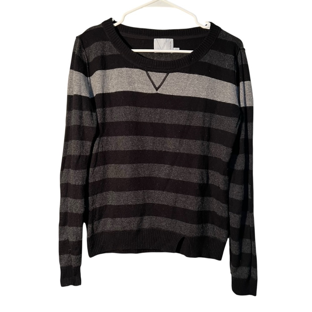 M by Michael Stars Womens Sz 1 Sweater Black Gray Stripes Scoop Neck Merino Wool